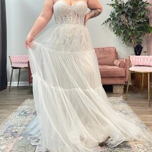 Andrea & Leo Strapless Lace  wedding dress in white and nude